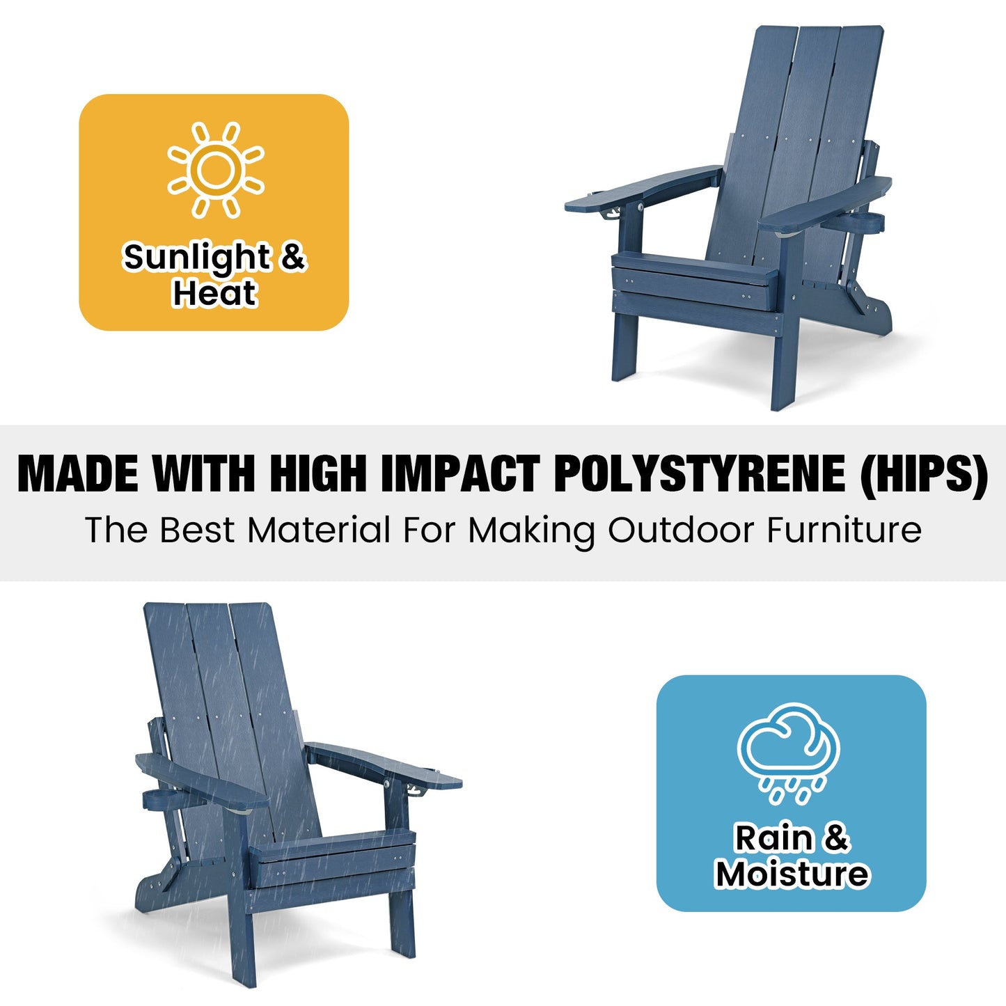 Poly Lumber Adirondack Chair with Cup Holders, Ottoman and Cushion, Adjustable Backrest, All-Weather Resistant HIPS Material, Wood-Like Pattern, Heavy Duty 700 LBS (Navy Blue)