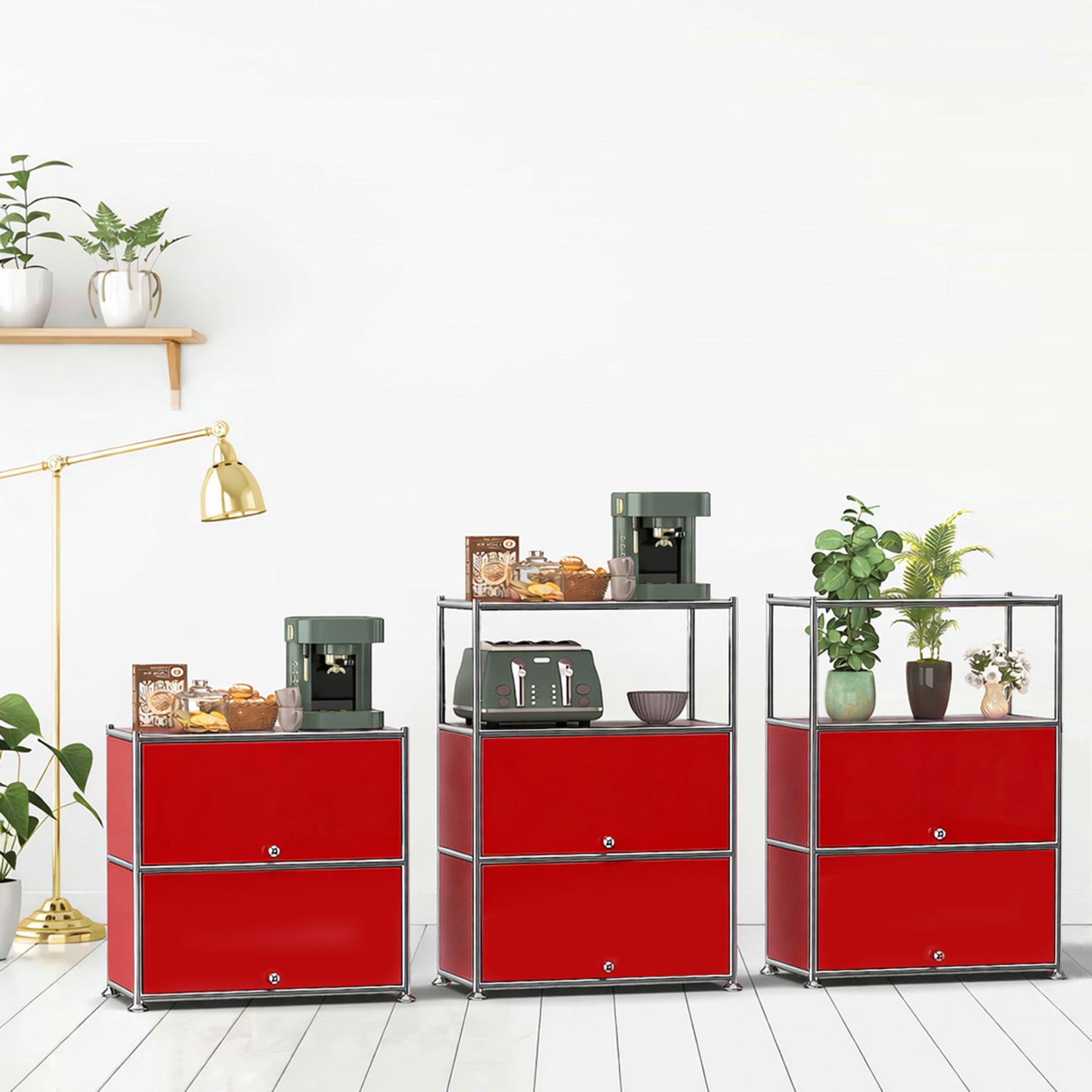 Fortune Candy 3 Tier Modular Metal Storage Cabinet, Modern Grid-Style Organizer for Dining Room, Living Room or Office, Red