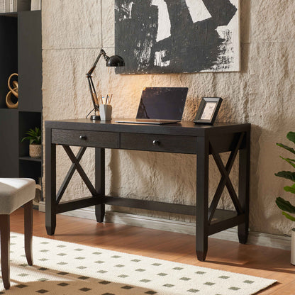 Fortune Candy 30.25'' Tall Cocoa Brown Home Office Desk with Two Drawers, Rectangular Wood Table with X-Brace Legs