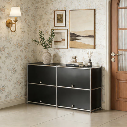 Fortune Candy 4-Door Modular Metal Sideboard with Open Shelf, Modern Twin-Row Grid Cabinet for Dining or Living Room, Office, Black