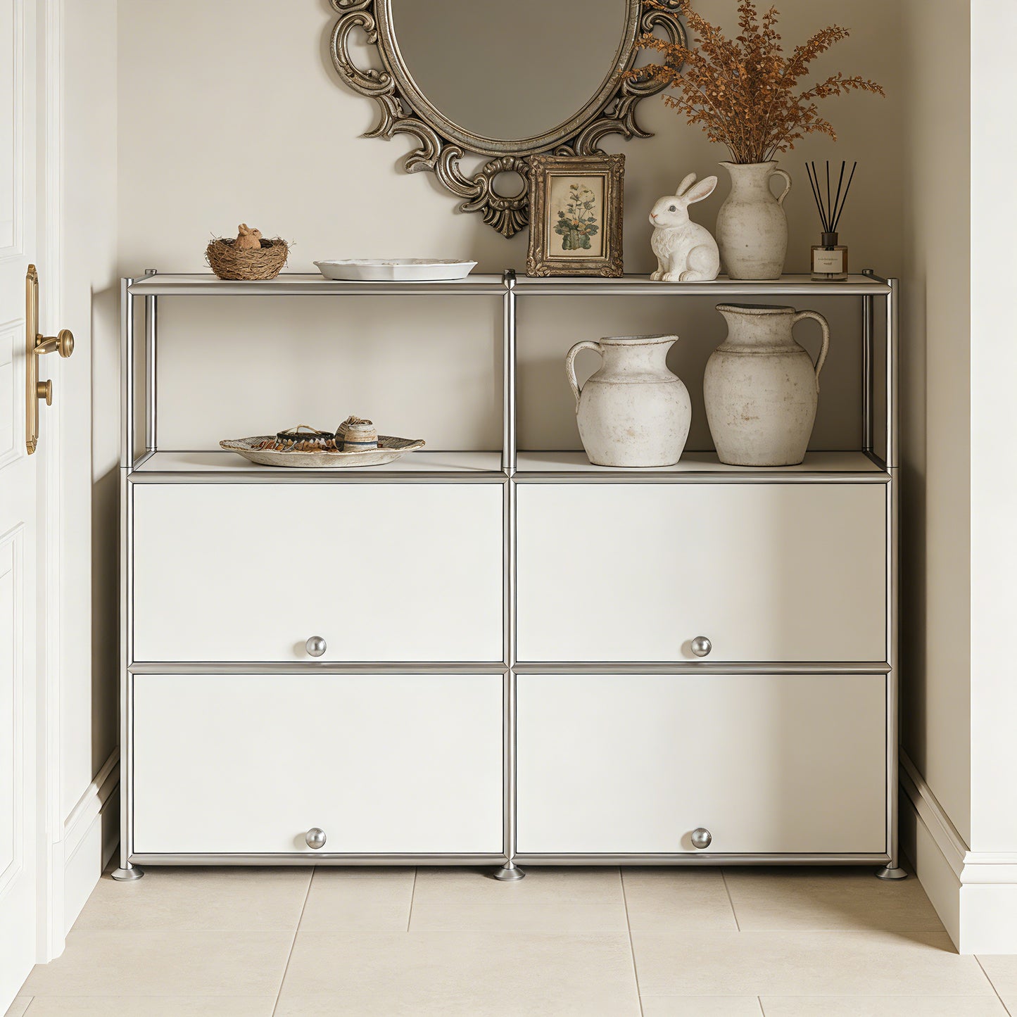 Fortune Candy 4-Door Modular Metal Sideboard with Open Shelf, Modern Twin-Row Grid Cabinet for Dining or Living Room, Office, White