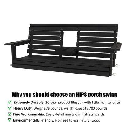 Poly Lumber 3-Seat Porch Swing, HIPS 5-Feet Bench Swing with Foldable Cup Holders,18/8 Stainless Steel Hardware, High Backrest and Deep Contoured Seat, Carbon Black