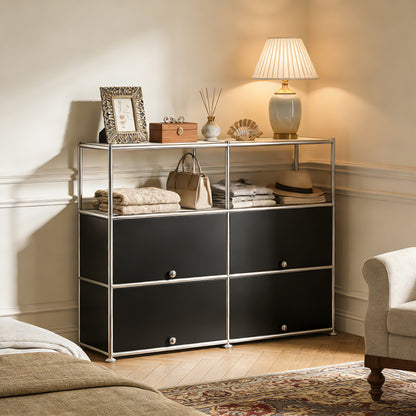 Fortune Candy 4-Door Modular Metal Sideboard with Open Shelf, Modern Twin-Row Grid Cabinet for Dining or Living Room, Office, Black