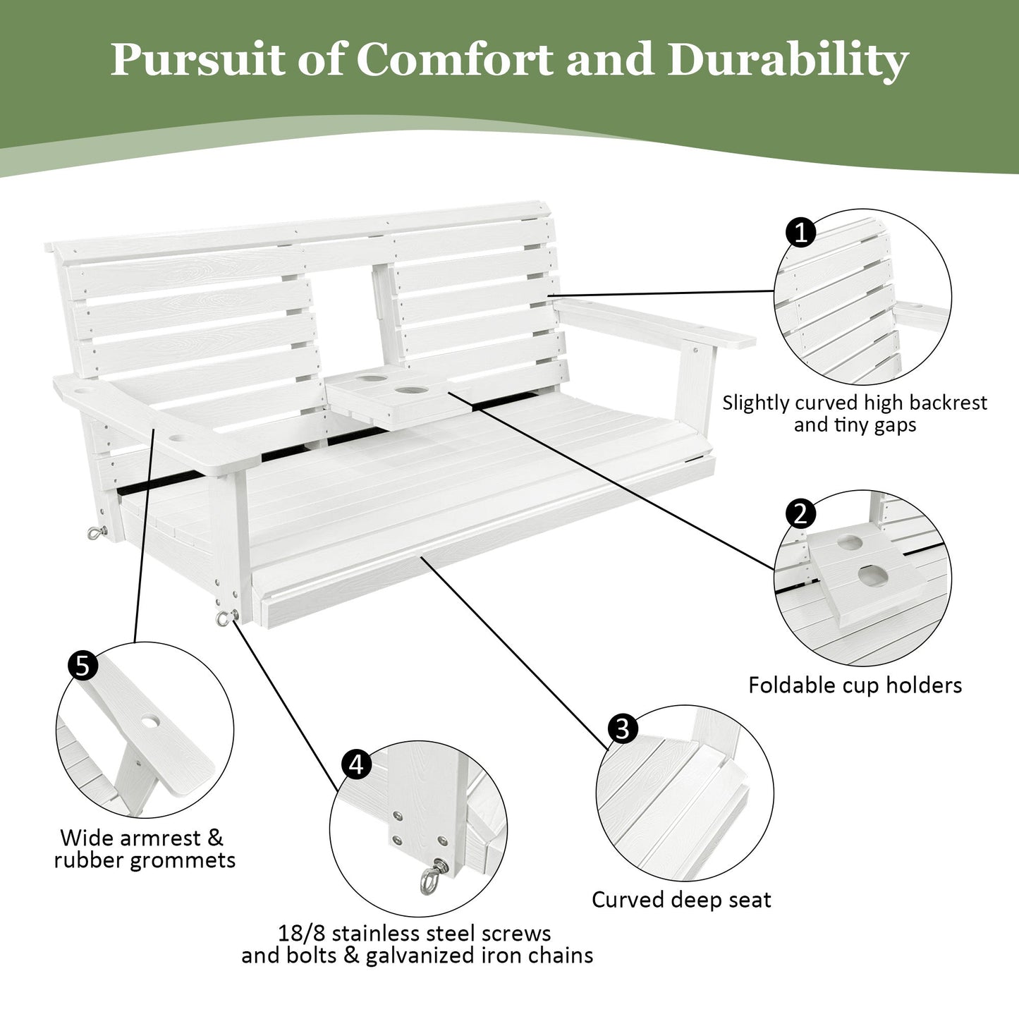 Poly Lumber 3-Seat Porch Swing, HIPS 5-Feet Bench Swing with Foldable Cup Holders,18/8 Stainless Steel Hardware, High Backrest and Deep Contoured Seat, Snow White
