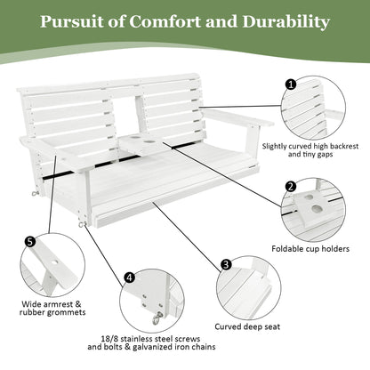 Poly Lumber 3-Seat Porch Swing, HIPS 5-Feet Bench Swing with Foldable Cup Holders,18/8 Stainless Steel Hardware, High Backrest and Deep Contoured Seat, Snow White