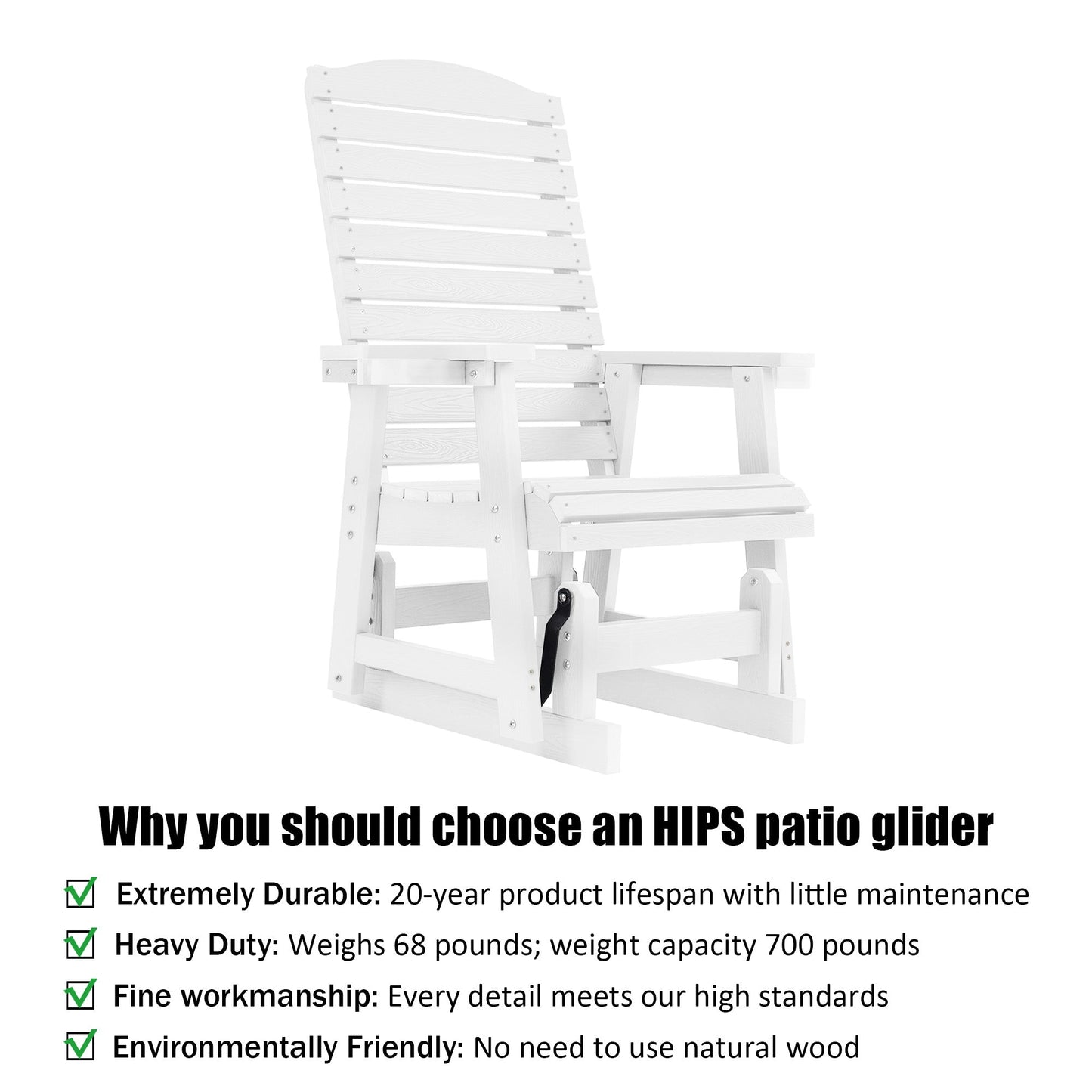 Poly Lumber Patio Glider for One Person, with Cup Holders, High Backrest and Deep Contoured Seat, HIPS Material, All-Weather Resistant, Heavy Duty 700 Pounds (White)