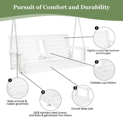 Poly Lumber 2-Seat Porch Swing, HIPS 4.5-Feet Bench Swing with Foldable Cup Holders,18/8 Stainless Steel Hardware, High Backrest and Deep Contoured Seat (Snow White, 4.5-feet)