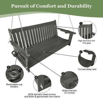 HDPE 3-Seater Porch Swing, 5-Feet Bench Swing with Foldable Cup Holders,18/8 Stainless Steel Hardware, High Backrest and Deep Contoured Seat (Gray, 5-feet)