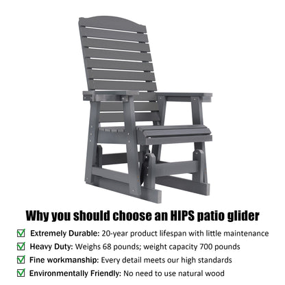 Poly Lumber Patio Glider for One Person, with Cup Holders, High Backrest and Deep Contoured Seat, HIPS Material, All-Weather Resistant, Heavy Duty 700 Pounds (Classic Gray)