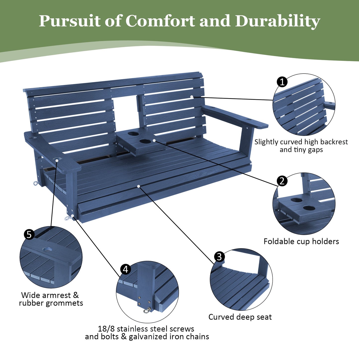 Poly Lumber 3-Seat Porch Swing, HIPS 5-Feet Bench Swing with Foldable Cup Holders,18/8 Stainless Steel Hardware, High Backrest and Deep Contoured Seat (Navy Blue, 5-feet)