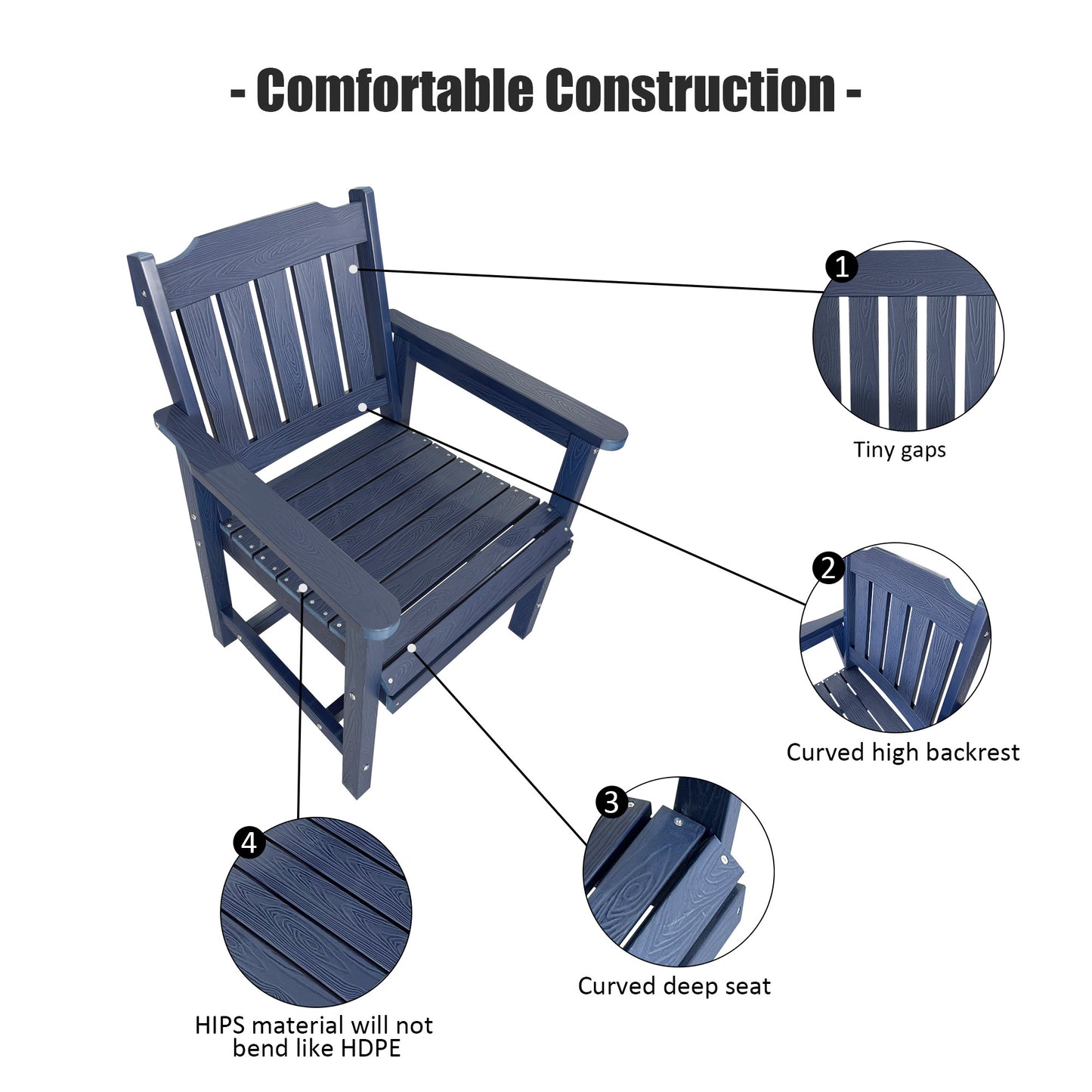 Fortune Candy 2 PCS Poly Lumber Patio Dining Chairs, HIPS Outdoor Slat-Back Chairs for Garden, Porch or Balcony, Navy Blue