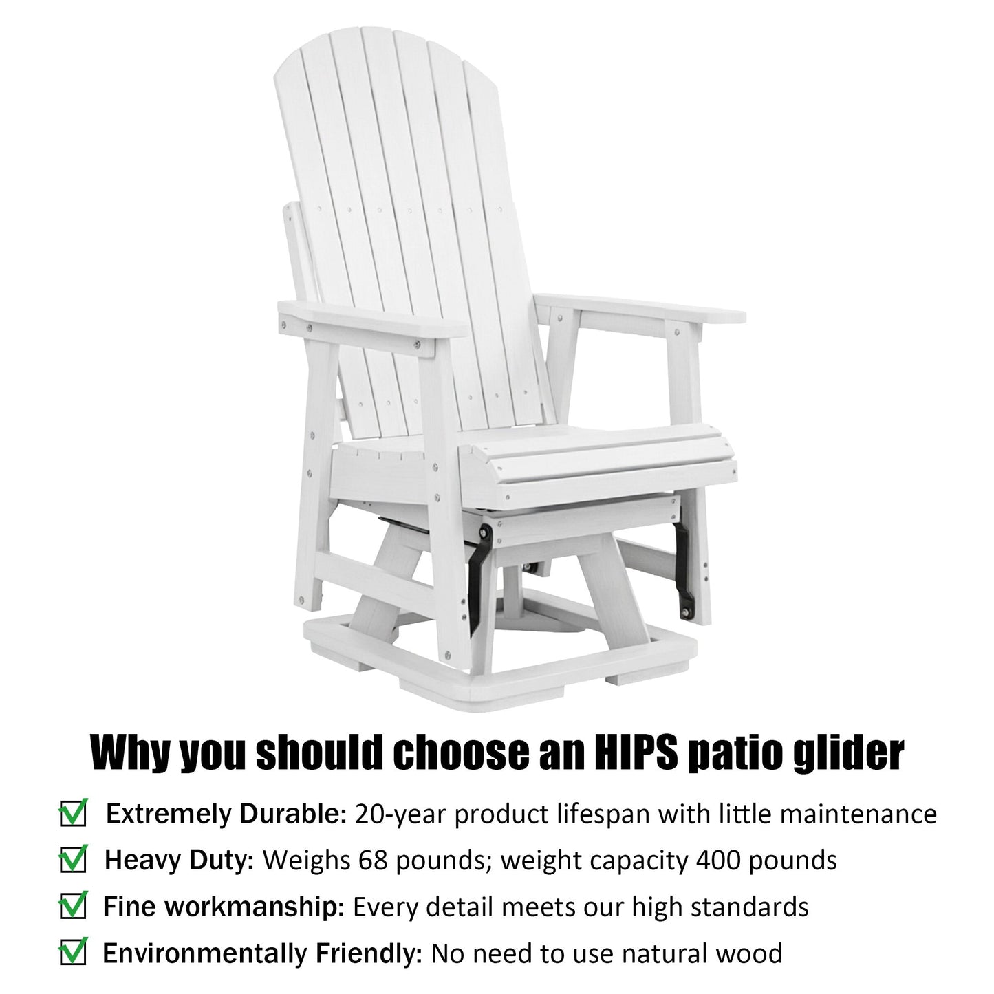 HIPS Swivel Patio Glider, Poly Lumber Weather Resistant Outdoor Chair, for Patio, Porch, Yard (White)