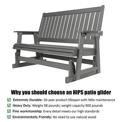 HIPS Patio Glider with Cup Holders, Durable Poly Lumber Material, All-Weather Resistant, High Backrest and Deep Contoured Seat, Heavy Duty 900 LB, for Outdoor, Porch, Patio (Gray, 3-Seat)