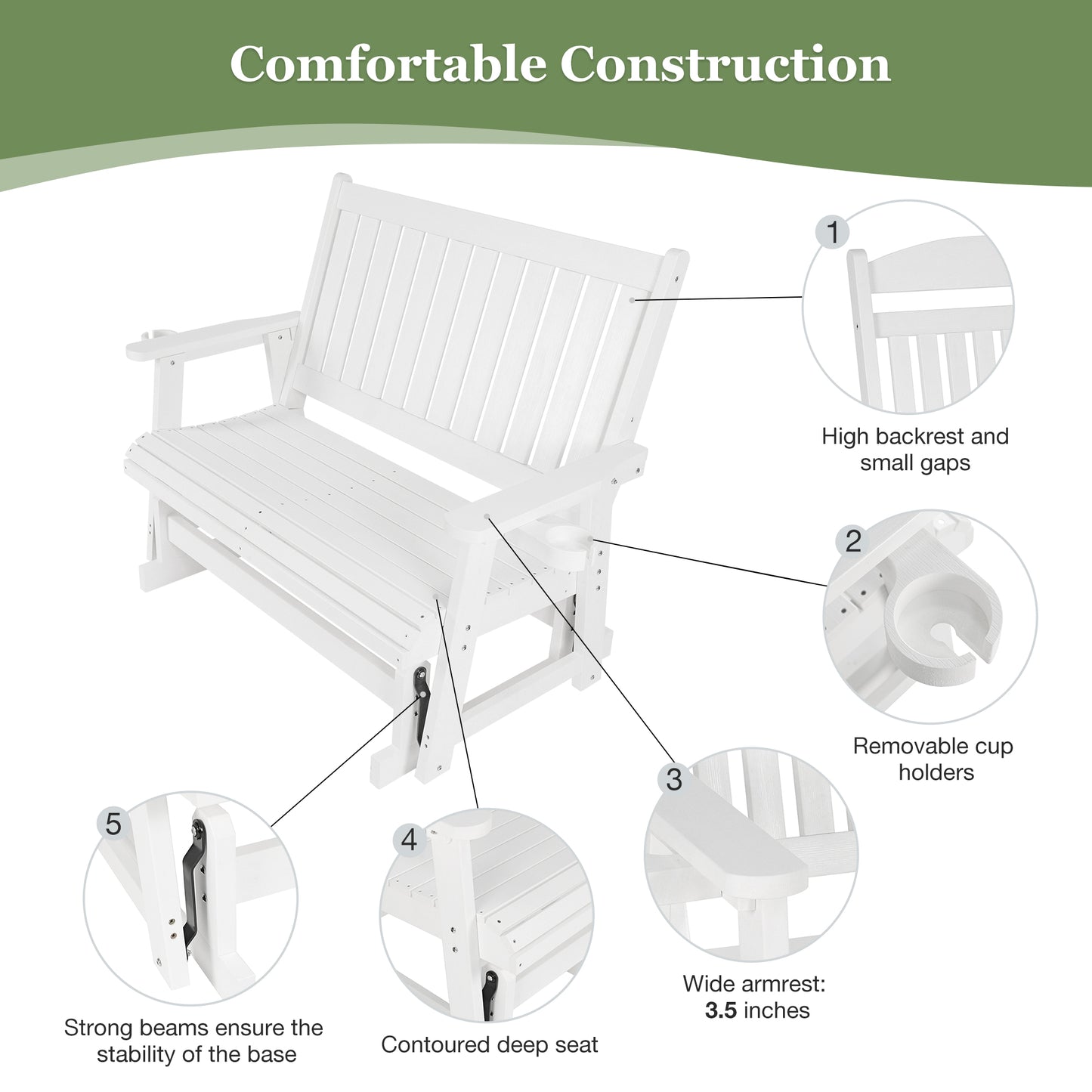 Fortune Candy Poly Lumber Patio Glider  2 Seater with Ergonomic Deep Seat, High Backrest, Cup Holders, for Outdoor Garden, Yard, or Deck