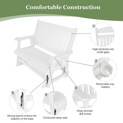 Fortune Candy Poly Lumber Patio Glider  2 Seater with Ergonomic Deep Seat, High Backrest, Cup Holders, for Outdoor Garden, Yard, or Deck