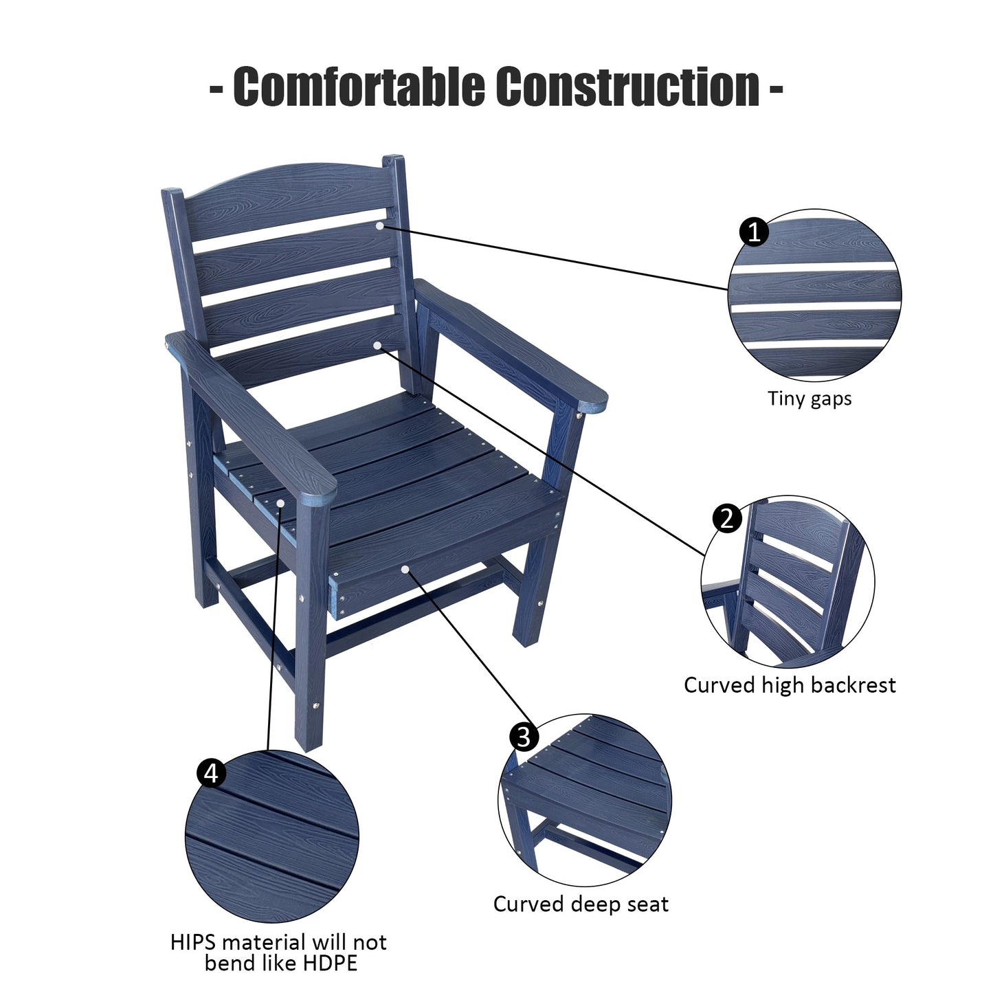 Fortune Candy 2 PCS Poly Lumber Patio Dining Chairs, HIPS Outdoor Ladder-Back Chairs for Garden, Porch or Balcony, Navy Blue