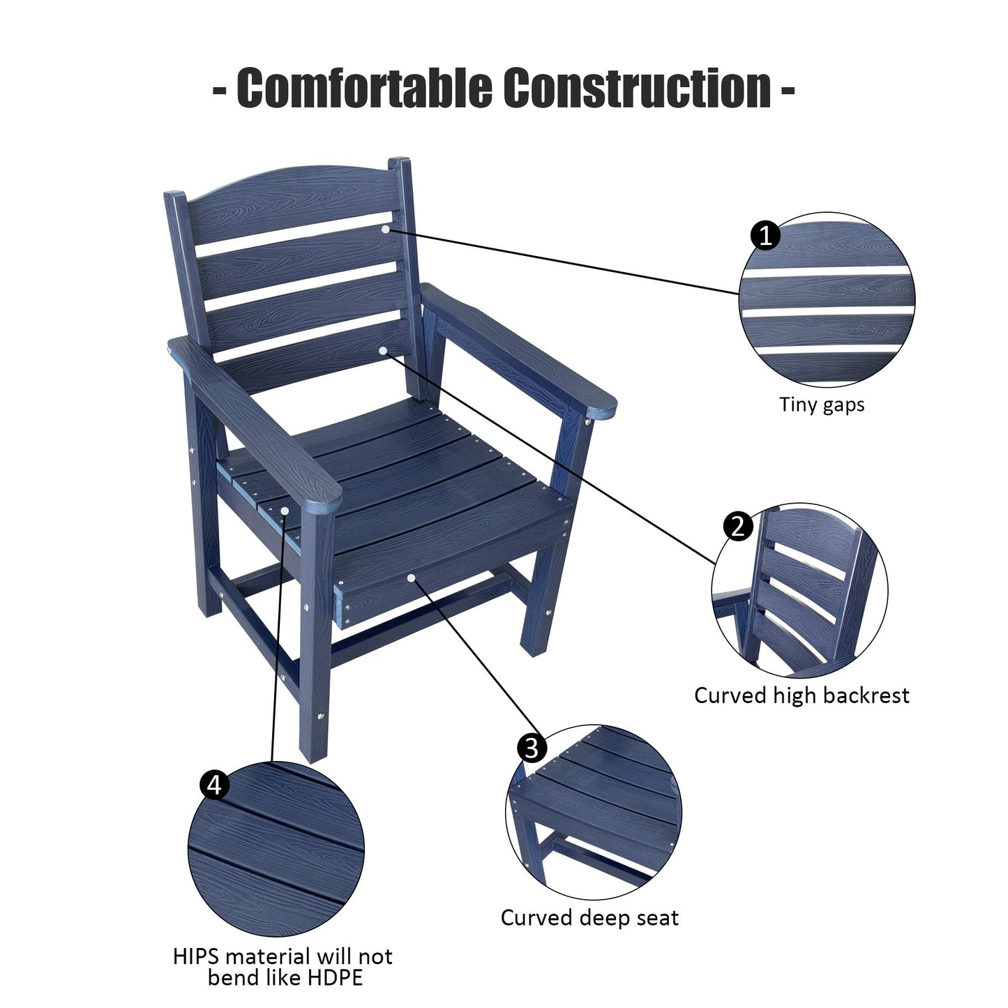 Poly Lumber Patio Dining Set, HIPS Outdoor 70.9-Inches Dining Table and Ladder Back Chairs, with Umbrella Hole, Weather Resistant (Navy Blue, 7 Piece)