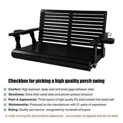 Fortune Candy 4 ft. Wooden Porch Swing 2-Seater for Outdoor Patio Garden Yard (Black)