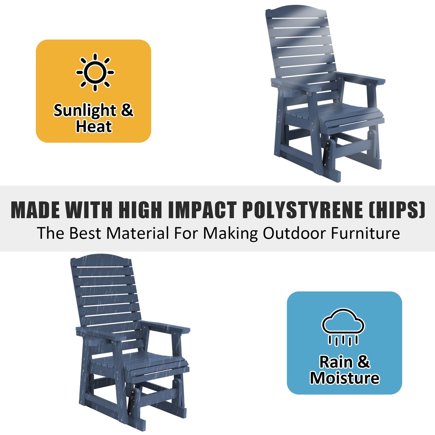 Poly Lumber Patio Glider for One Person, with Cup Holders, High Backrest and Deep Contoured Seat, HIPS Material, All-Weather Resistant, Heavy Duty 700 Pounds (Navy Blue)