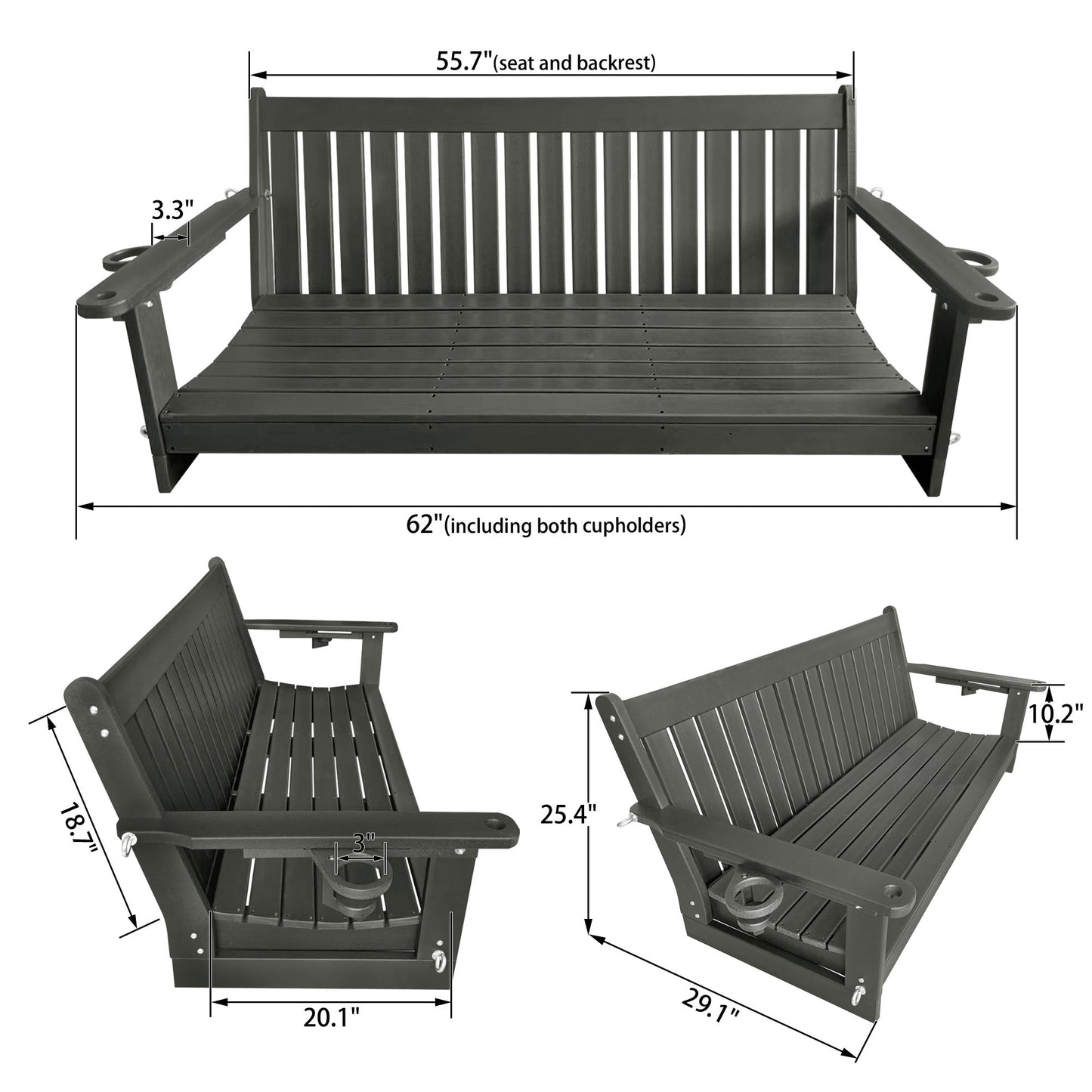 HDPE 3-Seater Porch Swing, 5-Feet Bench Swing with Foldable Cup Holders,18/8 Stainless Steel Hardware, High Backrest and Deep Contoured Seat (Gray, 5-feet)