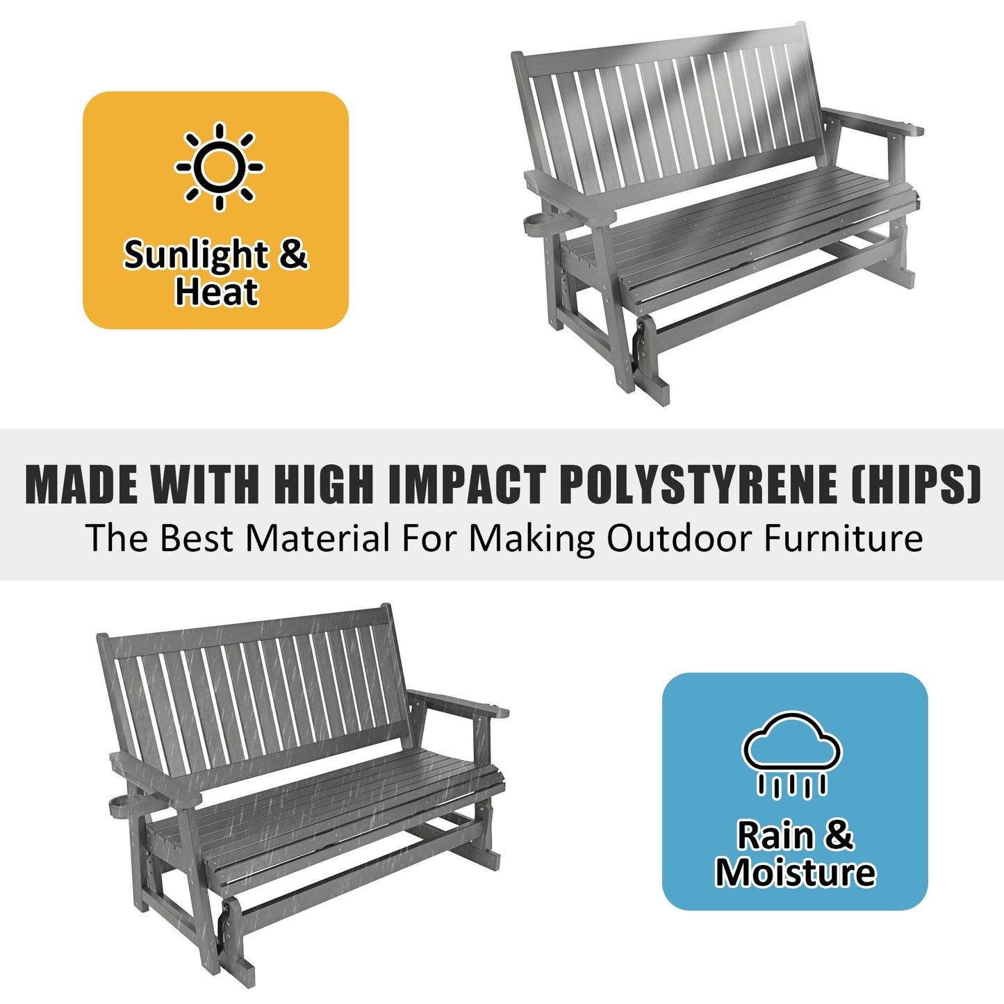 HIPS Patio Glider with Cup Holders, Durable Poly Lumber Material, All-Weather Resistant, High Backrest and Deep Contoured Seat, Heavy Duty 900 LB, for Outdoor, Porch, Patio (Gray, 3-Seat)