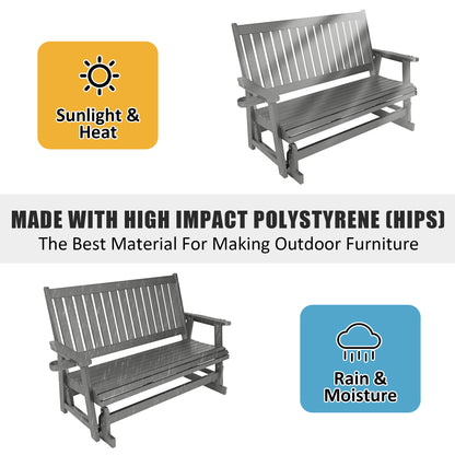 HIPS Patio Glider with Cup Holders, Durable Poly Lumber Material, All-Weather Resistant, High Backrest and Deep Contoured Seat, Heavy Duty 900 LB, for Outdoor, Porch, Patio (Gray, 3-Seat)