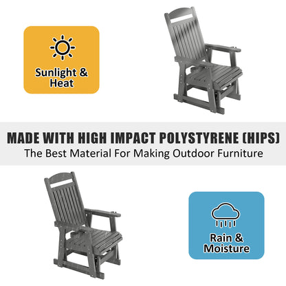 Poly Lumber Patio Glider for One Person, with Cup Holders, High Backrest and Deep Contoured Seat, HIPS Material, All-Weather Resistant, Heavy Duty 700 LBS  (Gray)