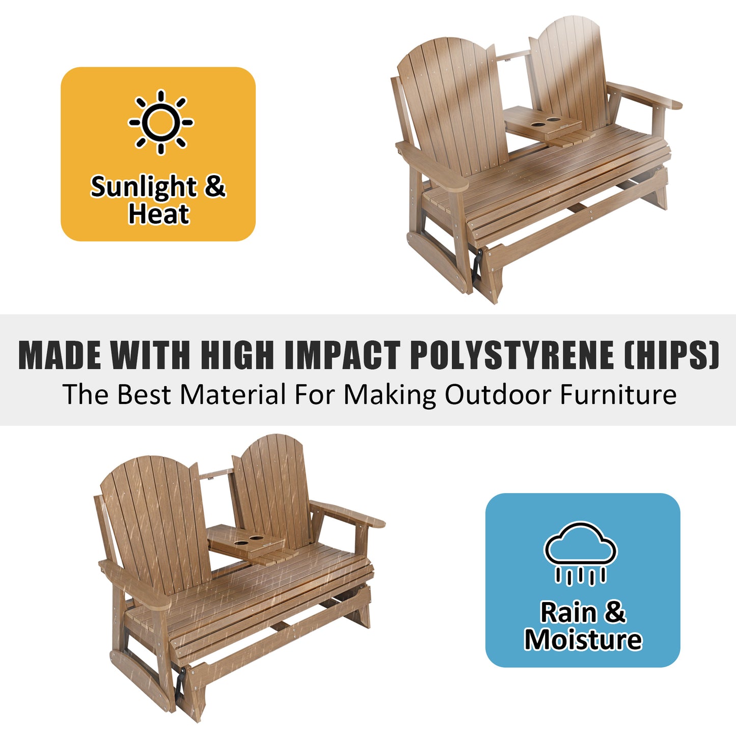 Fortune Candy 67.5 in Poly Lumber Plastic Patio Glider with Cup Holders, Brown, High Backrest and 900 lbs Weight Capacity, 3-Person