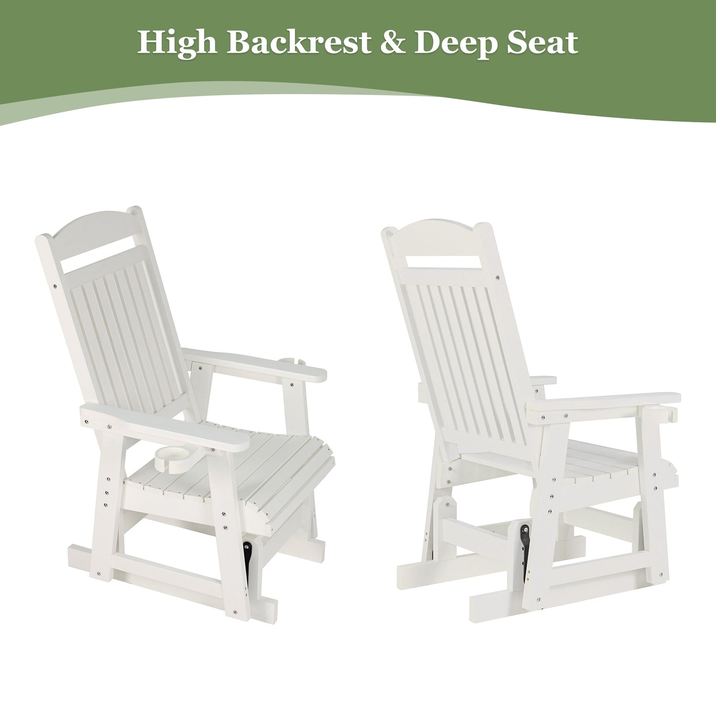 Poly Lumber Patio Glider for One Person, with Cup Holders, High Backrest and Deep Contoured Seat, HIPS Material, All-Weather Resistant, Heavy Duty 700 LBS (Ivory White)