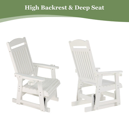 Poly Lumber Patio Glider for One Person, with Cup Holders, High Backrest and Deep Contoured Seat, HIPS Material, All-Weather Resistant, Heavy Duty 700 LBS (Ivory White)