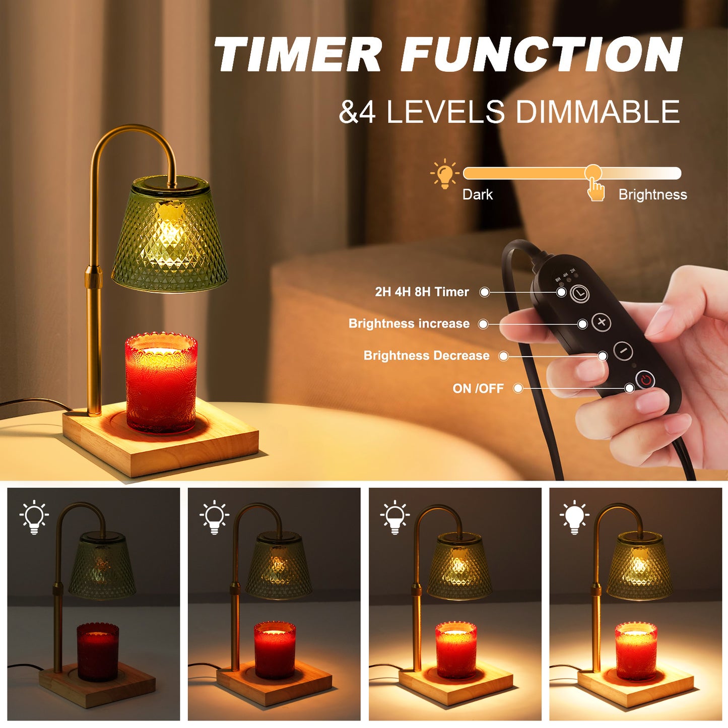 Fortune Candy Flameless Fragrant Candle Melter, Adjustment Knob, Dimmer & Timer, Wooden Base (Rustic Fluted Shade)