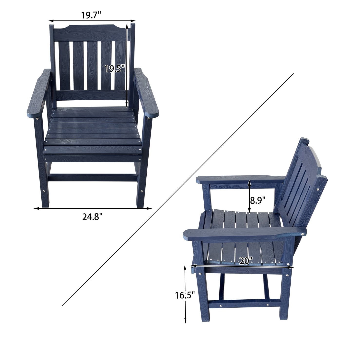 Fortune Candy 2 PCS Poly Lumber Patio Dining Chairs, HIPS Outdoor Slat-Back Chairs for Garden, Porch or Balcony, Navy Blue