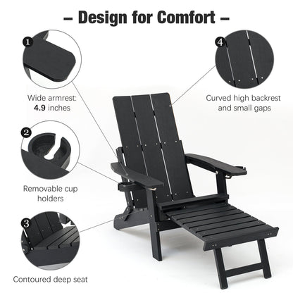Poly Lumber Adirondack Chair with Cup Holders, Ottoman and Cushion, Adjustable Backrest, All-Weather Resistant HIPS Material, Wood-Like Pattern, Heavy Duty 700 LBS (Iron Black)