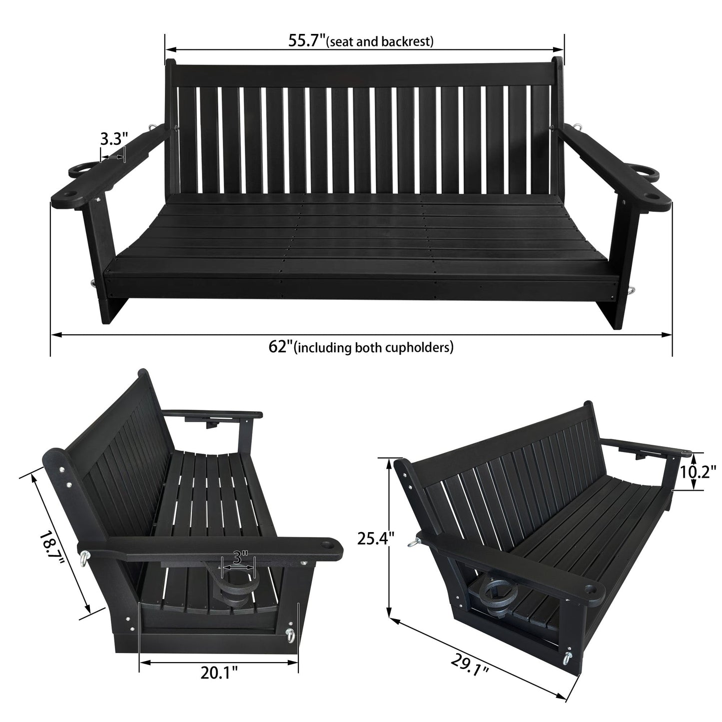 HDPE 3-Seater Porch Swing, 5-Feet Bench Swing with Foldable Cup Holders,18/8 Stainless Steel Hardware, High Backrest and Deep Contoured Seat (Black, 5-feet)