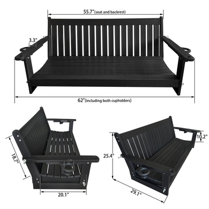 HDPE 3-Seater Porch Swing, 5-Feet Bench Swing with Foldable Cup Holders,18/8 Stainless Steel Hardware, High Backrest and Deep Contoured Seat (Black, 5-feet)