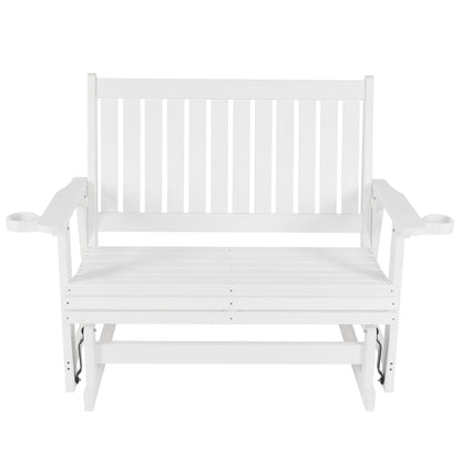 HIPS Patio Glider with Cup Holders, Durable Poly Lumber Material, All-Weather Resistant, High Backrest and Deep Contoured Seat, Heavy Duty 900 LB, for Outdoor, Porch, Patio (White, 2-Seat)