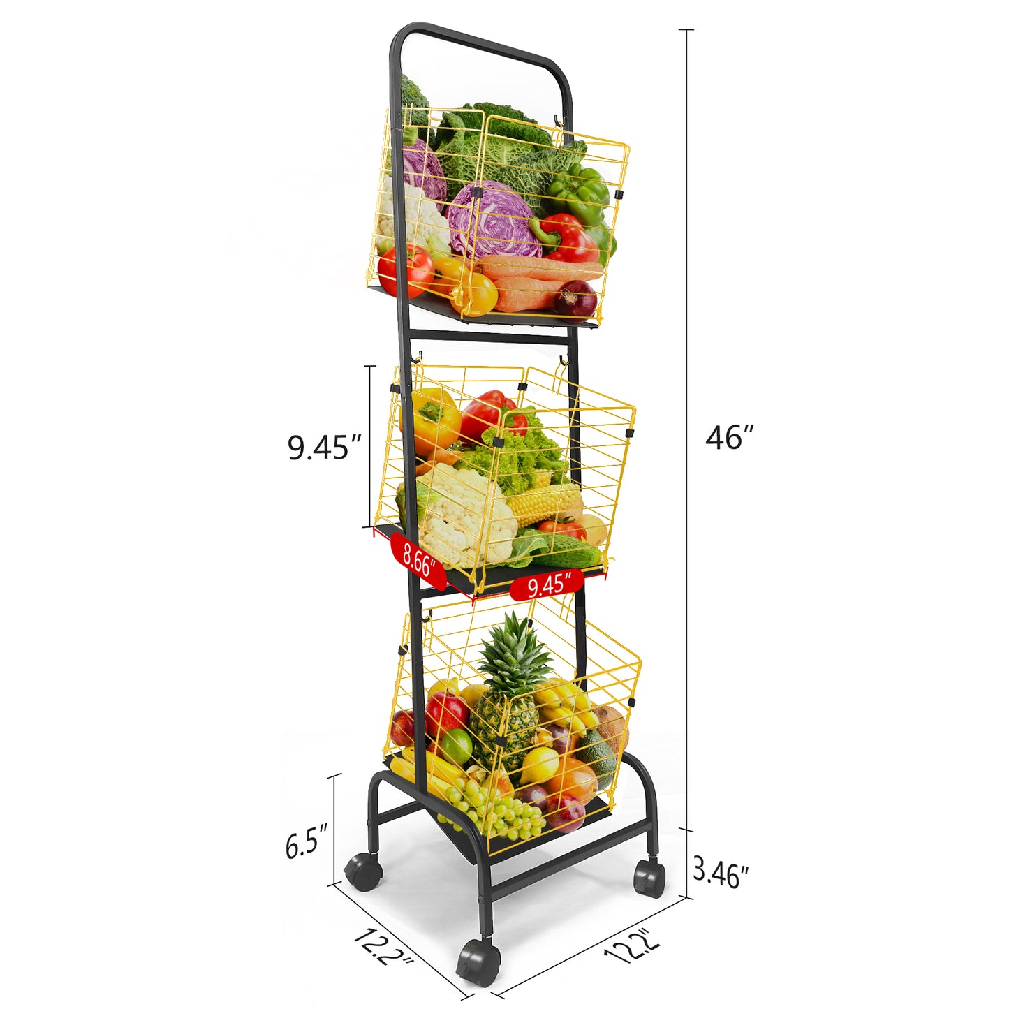 Fortune Candy 3-Tier Metal Rolling Storage Basket Cart, Black Gold Utility Organizer with Wheels for Books, Toys, Food, Vegetables, and More