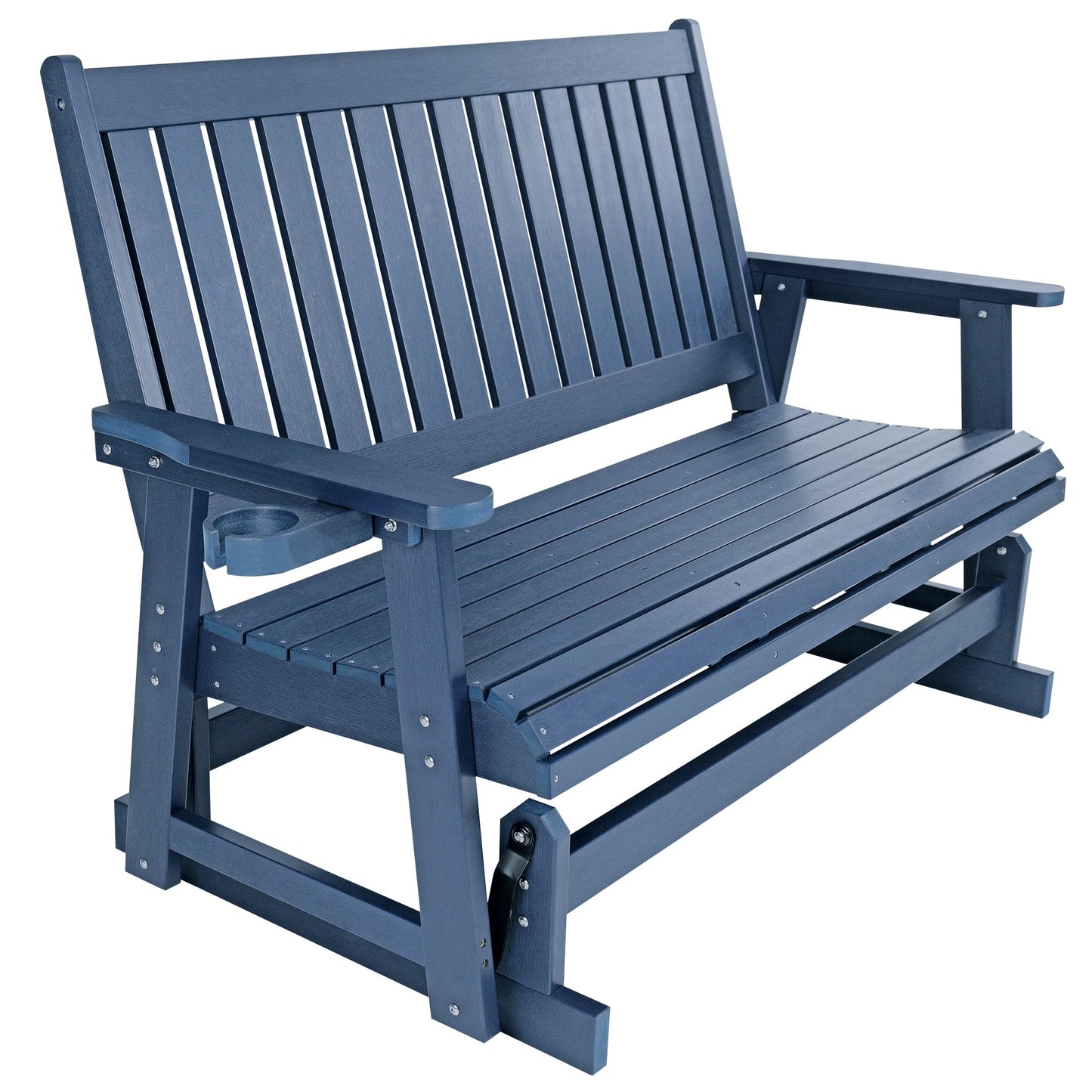 HIPS Patio Glider with Cup Holders, Durable Poly Lumber Material, All-Weather Resistant, High Backrest and Deep Contoured Seat, Heavy Duty 900 LB, for Outdoor, Porch, Patio (Navy Blue, 3-Seat)