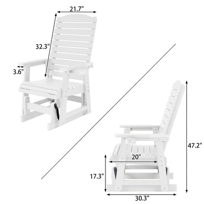 Poly Lumber Patio Glider for One Person, with Cup Holders, High Backrest and Deep Contoured Seat, HIPS Material, All-Weather Resistant, Heavy Duty 700 Pounds (White)