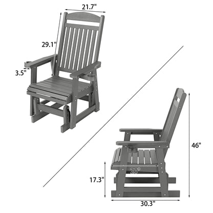 Poly Lumber Patio Glider for One Person, with Cup Holders, High Backrest and Deep Contoured Seat, HIPS Material, All-Weather Resistant, Heavy Duty 700 LBS  (Gray)