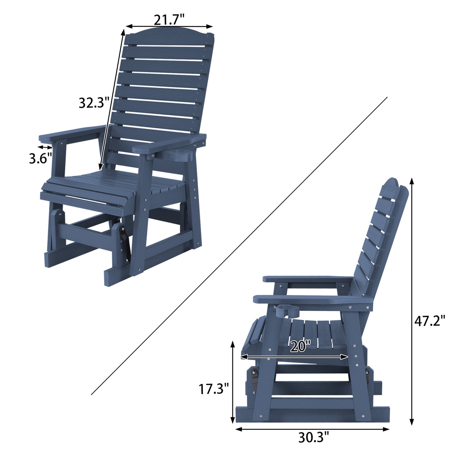 Poly Lumber Patio Glider for One Person, with Cup Holders, High Backrest and Deep Contoured Seat, HIPS Material, All-Weather Resistant, Heavy Duty 700 Pounds (Navy Blue)