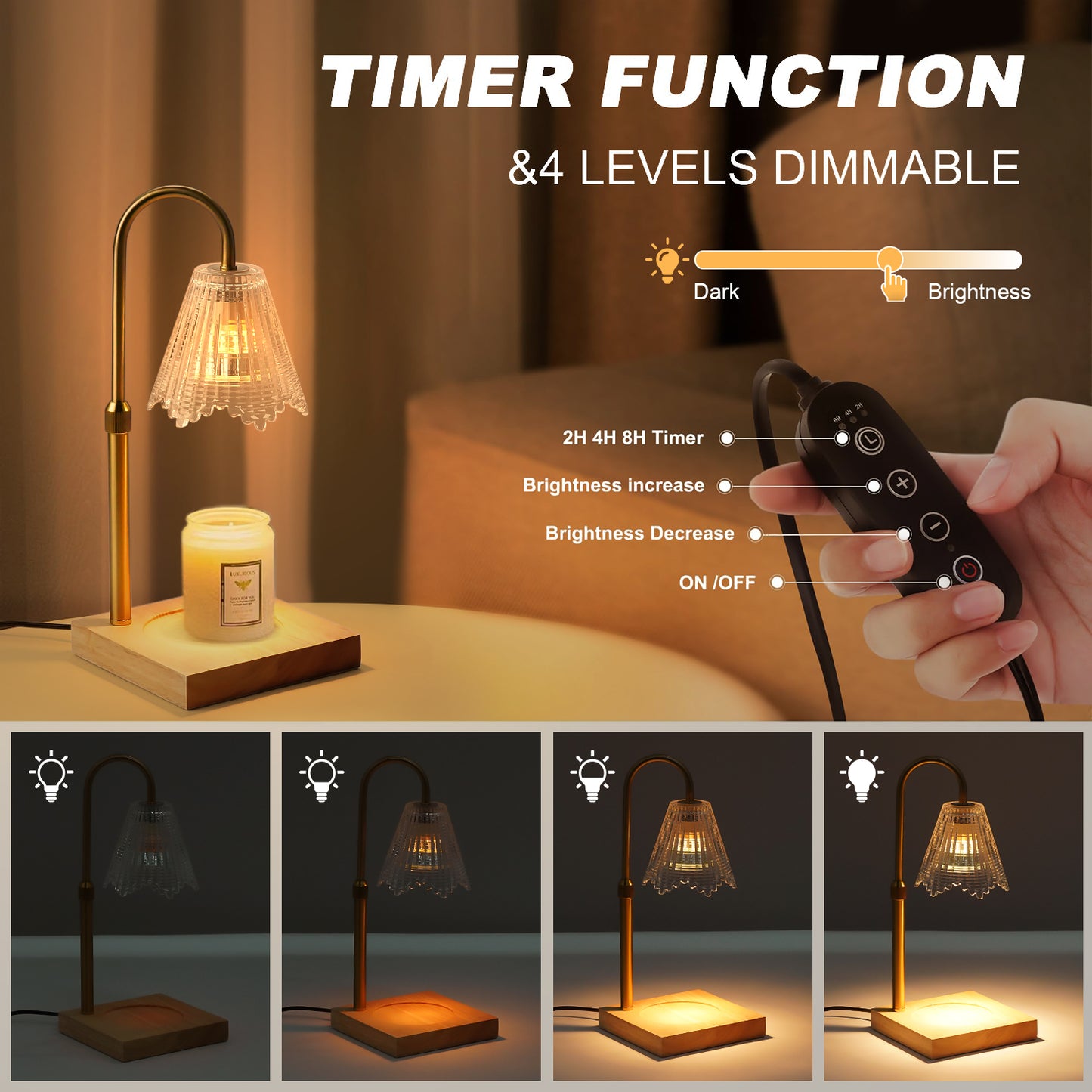 Fortune Candy Flameless Fragrant Candle Melter, Adjustment Knob, Dimmer & Timer, Wooden Base (Vintage-inspired Fluted Shade)