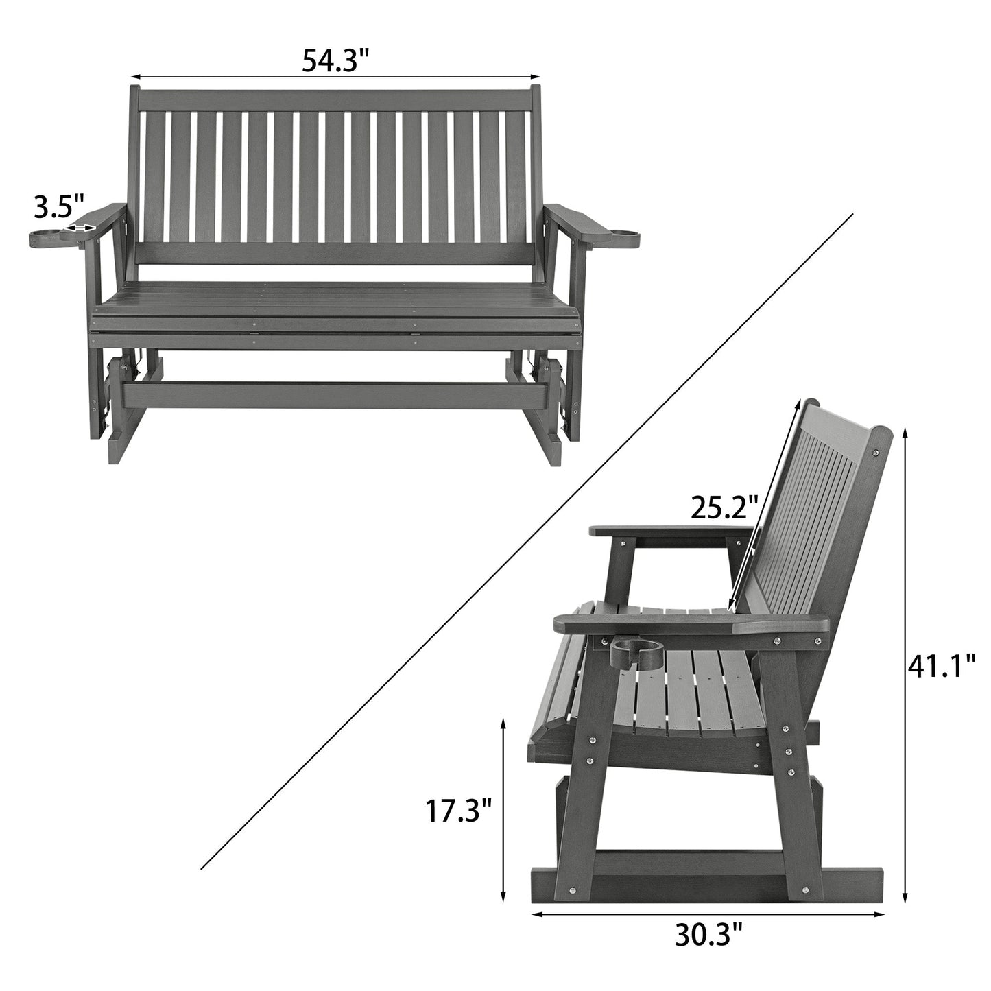 HIPS Patio Glider with Cup Holders, Durable Poly Lumber Material, All-Weather Resistant, High Backrest and Deep Contoured Seat, Heavy Duty 900 LB, for Outdoor, Porch, Patio (Gray, 3-Seat)