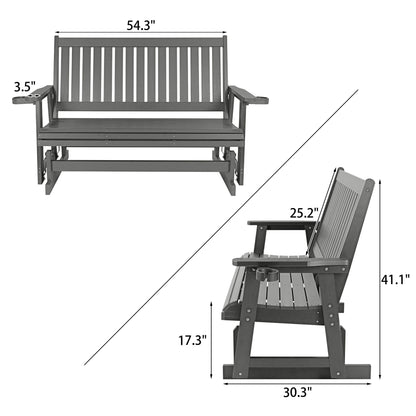 HIPS Patio Glider with Cup Holders, Durable Poly Lumber Material, All-Weather Resistant, High Backrest and Deep Contoured Seat, Heavy Duty 900 LB, for Outdoor, Porch, Patio (Gray, 3-Seat)