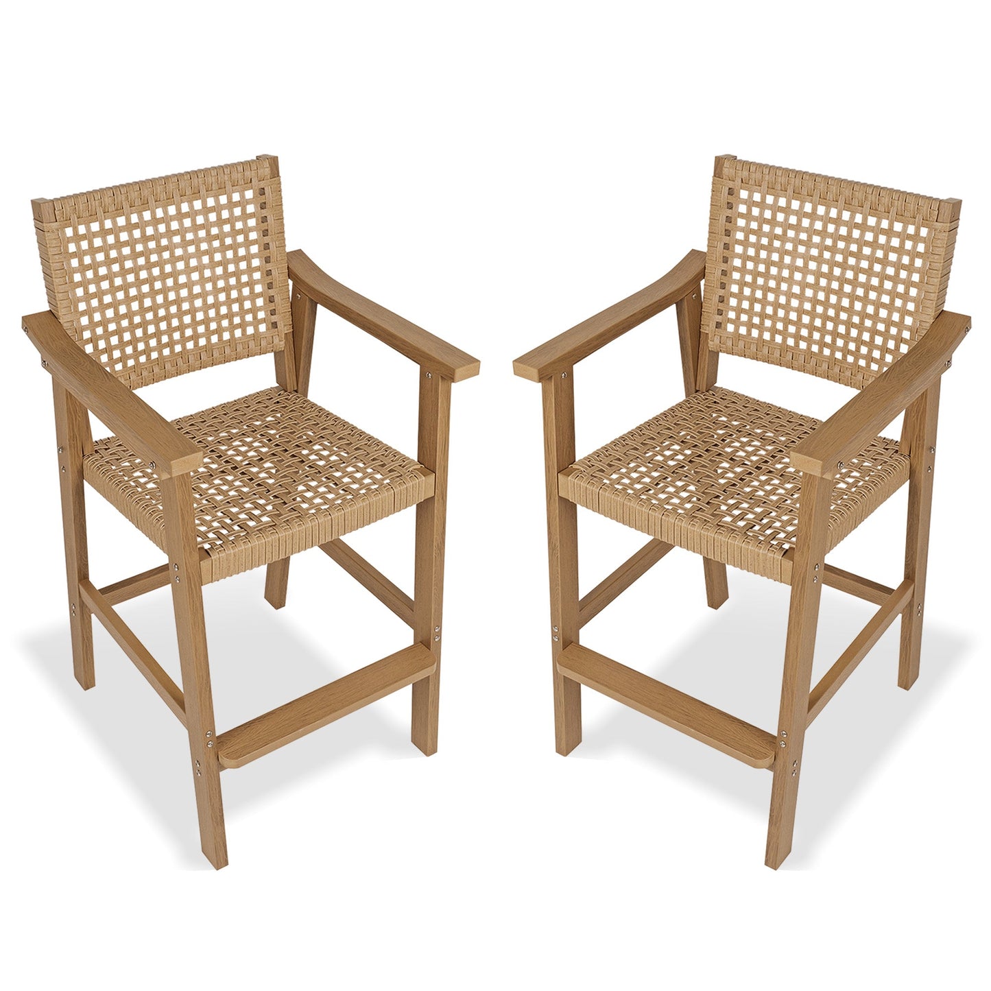Poly Lumber Patio Bar Stools, PE Rattan Outdoor Bar Chairs, Weather Resistant, for Poolside, Garden, Yard, Balcony (Teak Tone, 2 Piece)