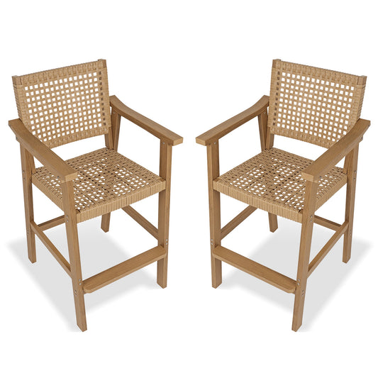 Poly Lumber Patio Bar Stools, PE Rattan Outdoor Bar Chairs, Weather Resistant, for Poolside, Garden, Yard, Balcony (Teak Tone, 2 Piece)