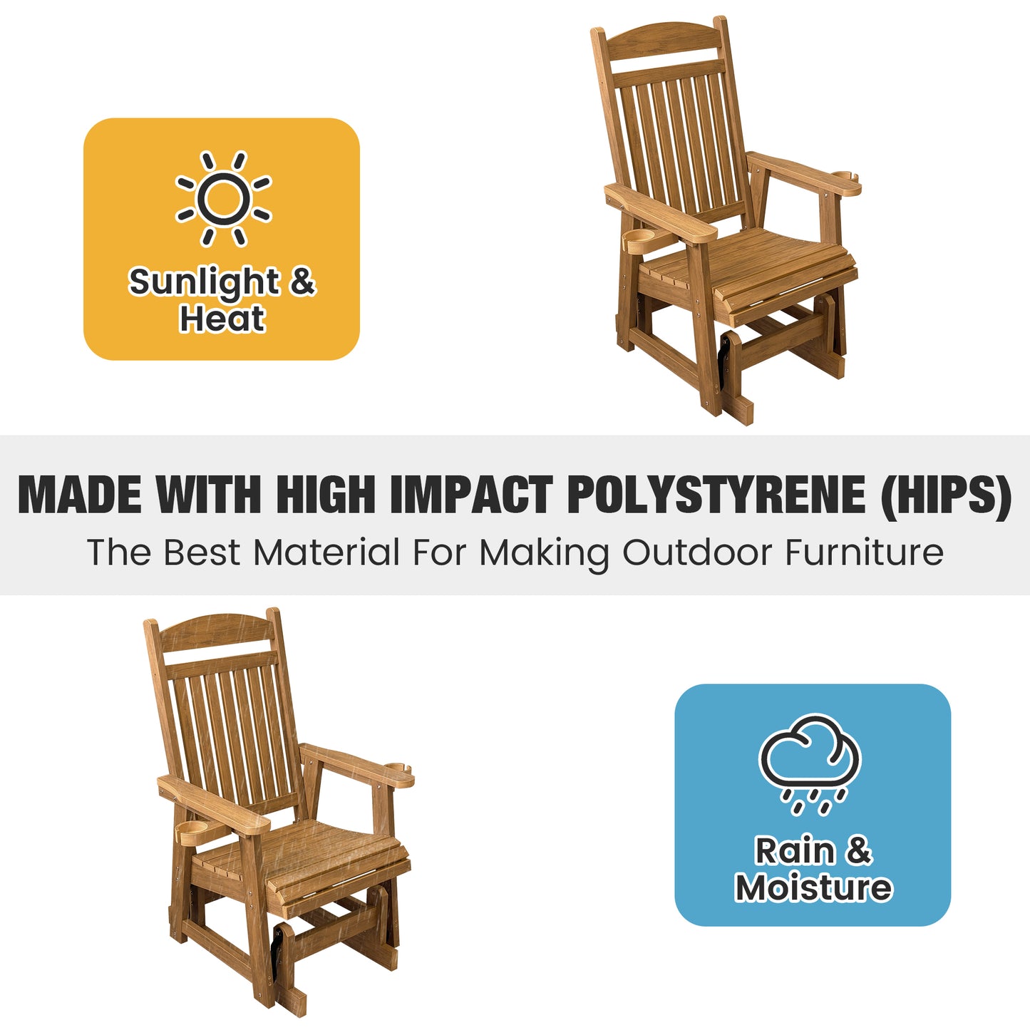 Fortune Candy 1-Person Poly Lumber Patio Glider, with Cup Holders, High Backrest and Deep Contoured Seat, HIPS Material (Cedar Tone)