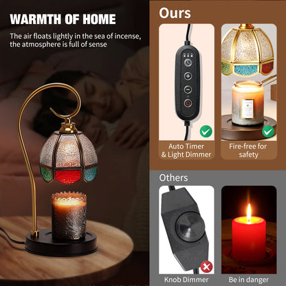 Fortune Candy Flameless Fragrant Candle Melter, Adjustment Knob, Dimmer & Timer, Wooden Base (Vintage-flower Fluted Shade)