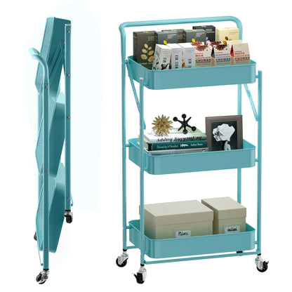 Fortune Candy Foldable 3-Tier Rolling Utility Cart, No-Assembly Multipurpose Storage Organizer with Handle for Home or Office, Green