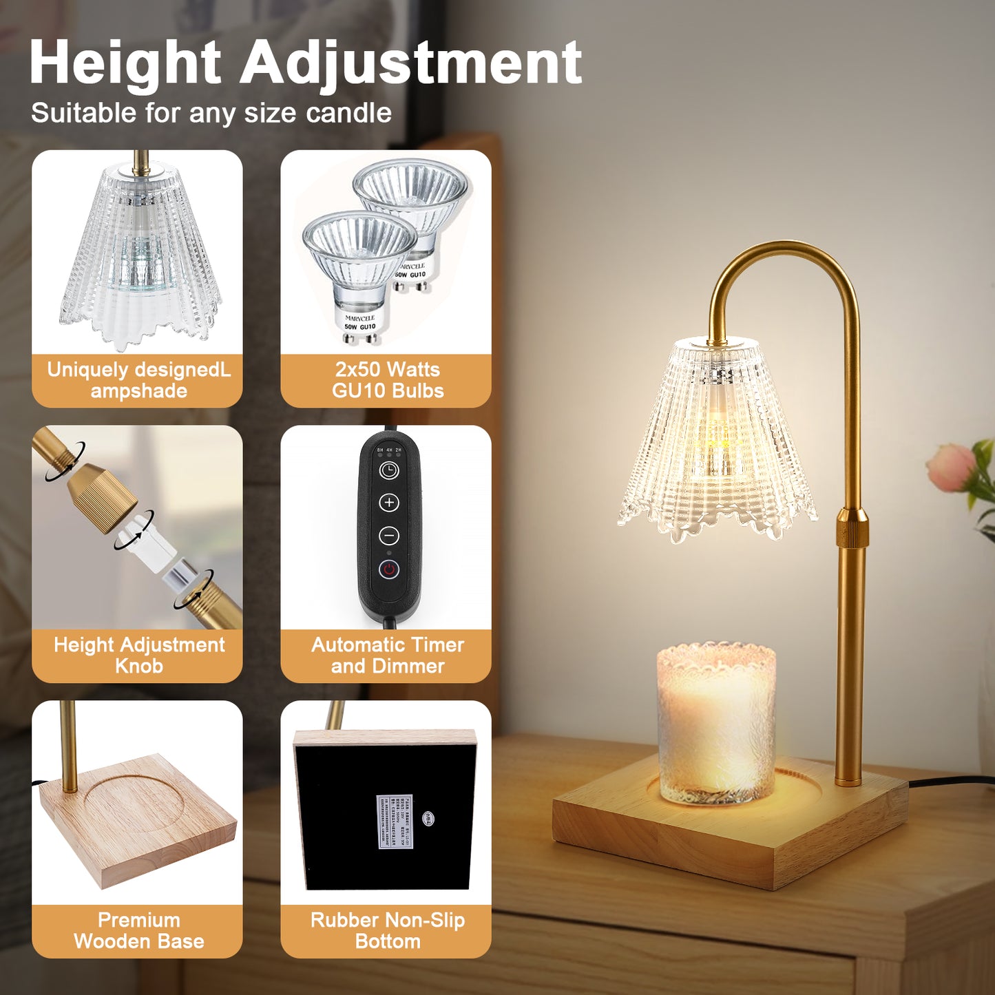 Fortune Candy Flameless Fragrant Candle Melter, Adjustment Knob, Dimmer & Timer, Wooden Base (Vintage-inspired Fluted Shade)